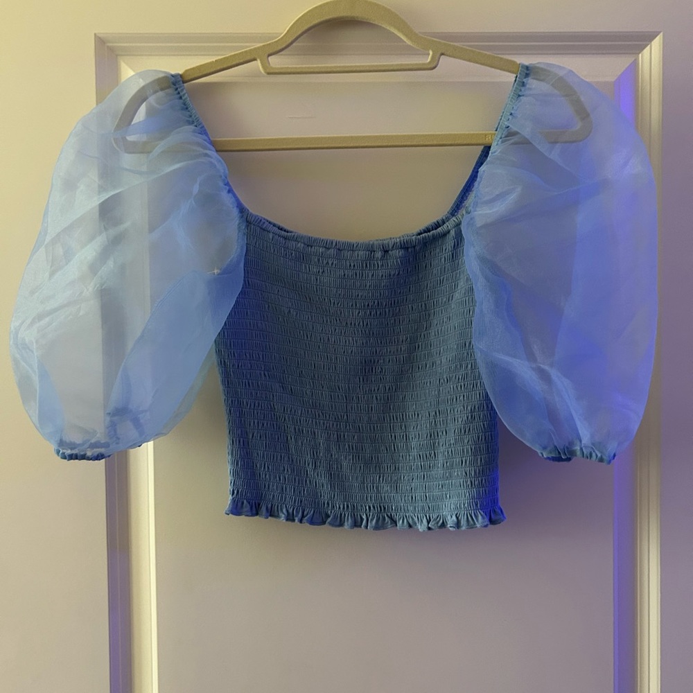 Forever 21 blue smocked sheer puff sleeve top